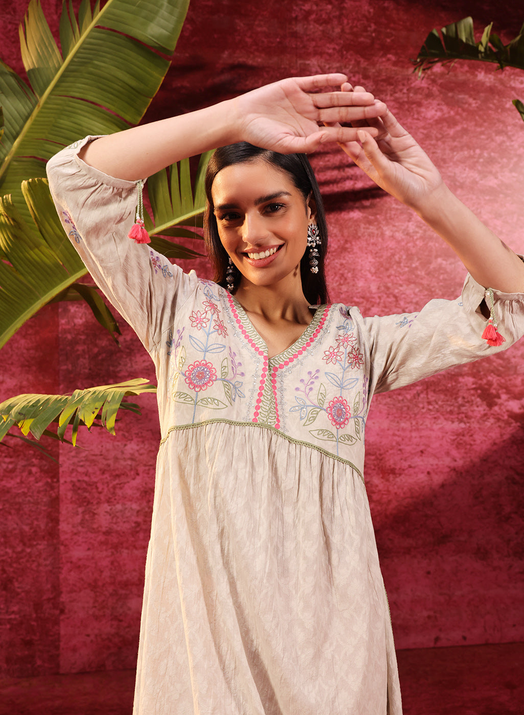 Rose Bud Green Embroidered Cotton Jacquard Designer Kurta for Women