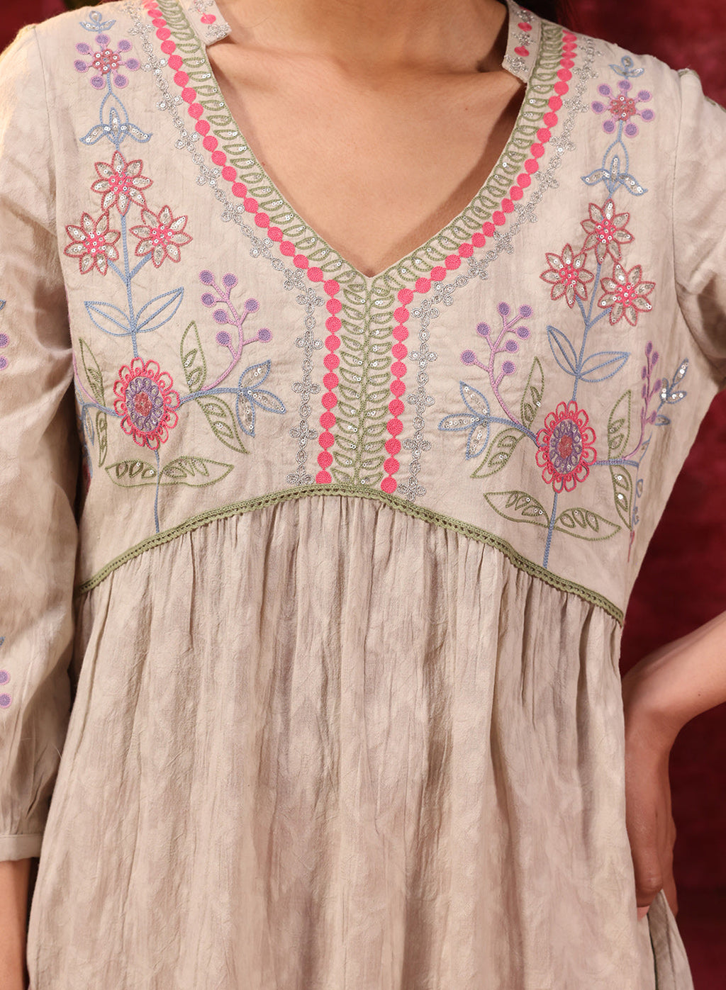 Rose Bud Green Embroidered Cotton Jacquard Designer Kurta for Women