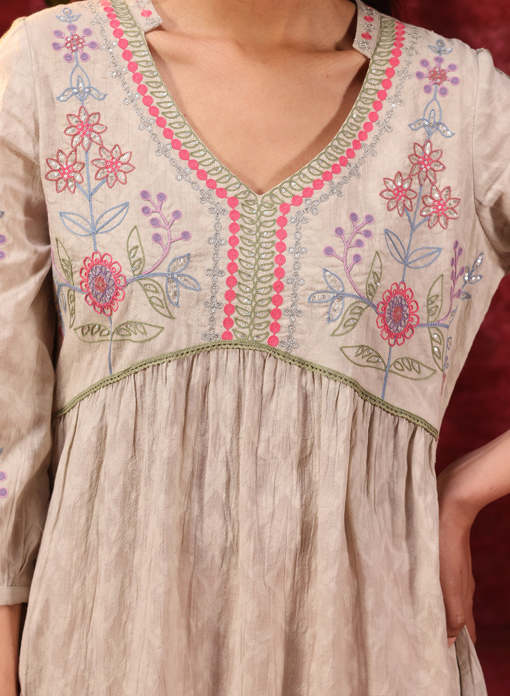Rose Bud Green Embroidered Cotton Jacquard Designer Kurta for Women
