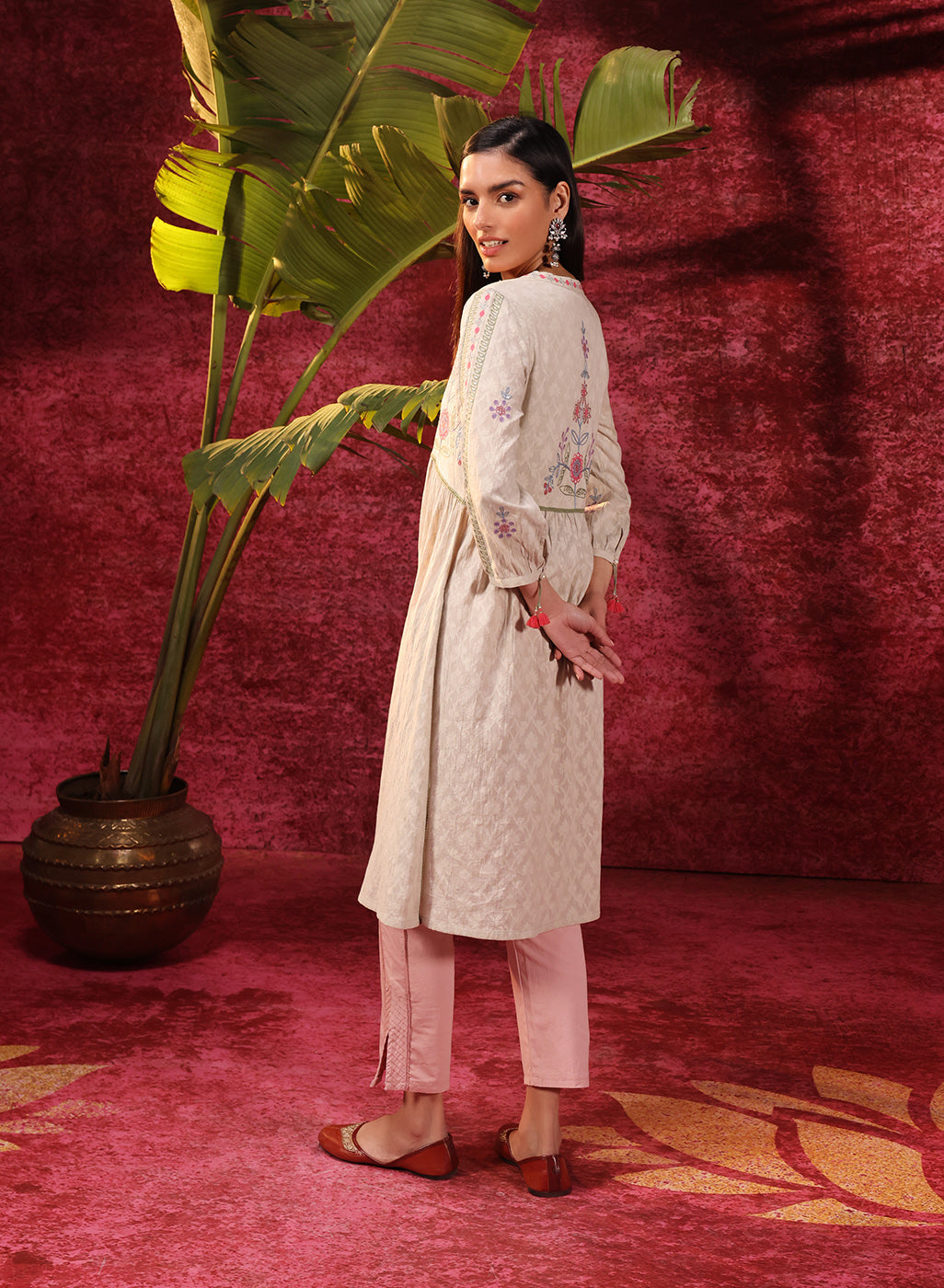 Rose Bud Green Embroidered Cotton Jacquard Designer Kurta for Women