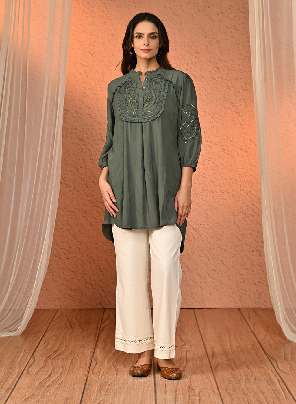 Haya Salmon White Cotton Linen Classic Fit Pants for Women