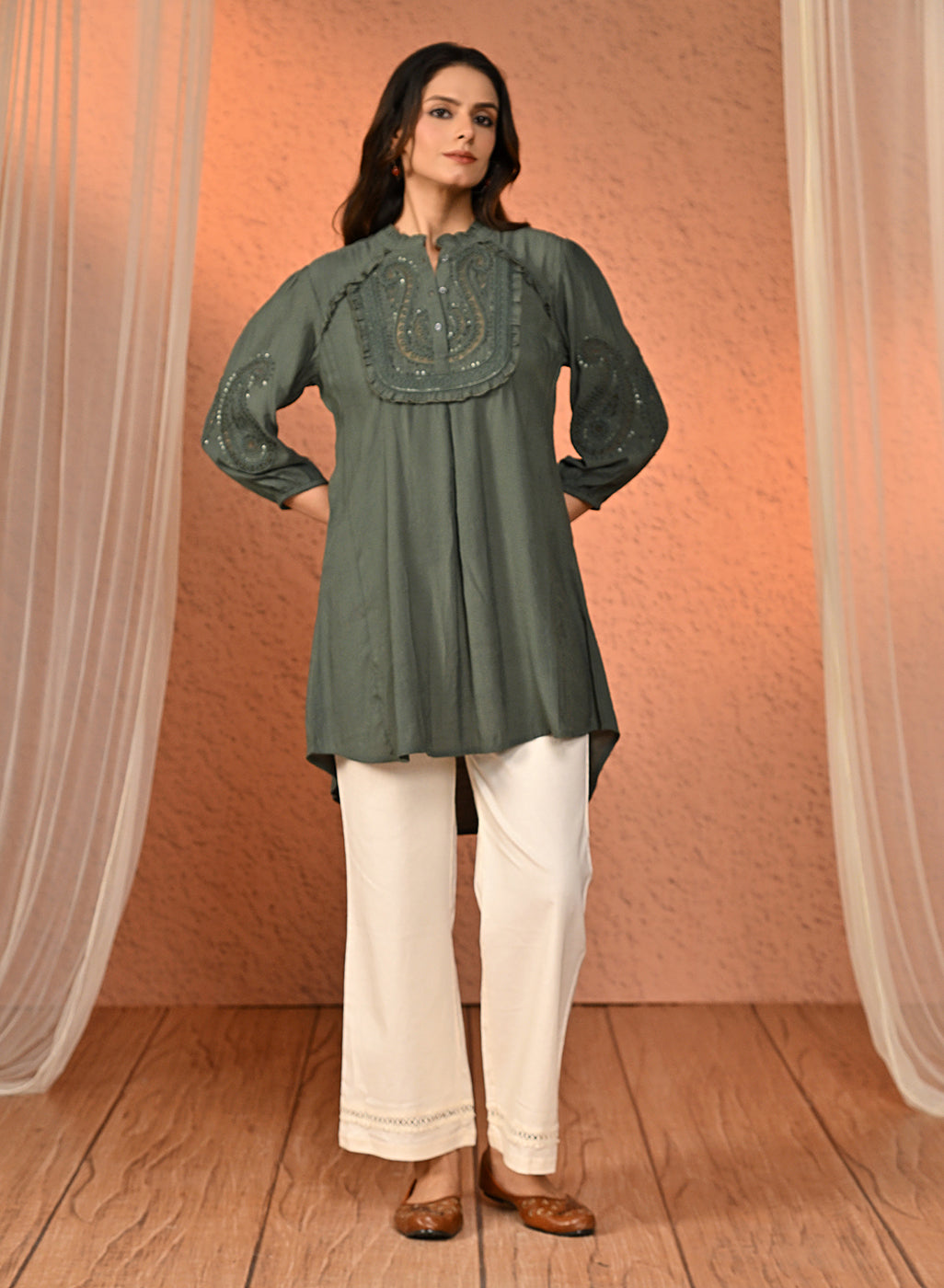 Haya Salmon White Cotton Linen Classic Fit Pants for Women