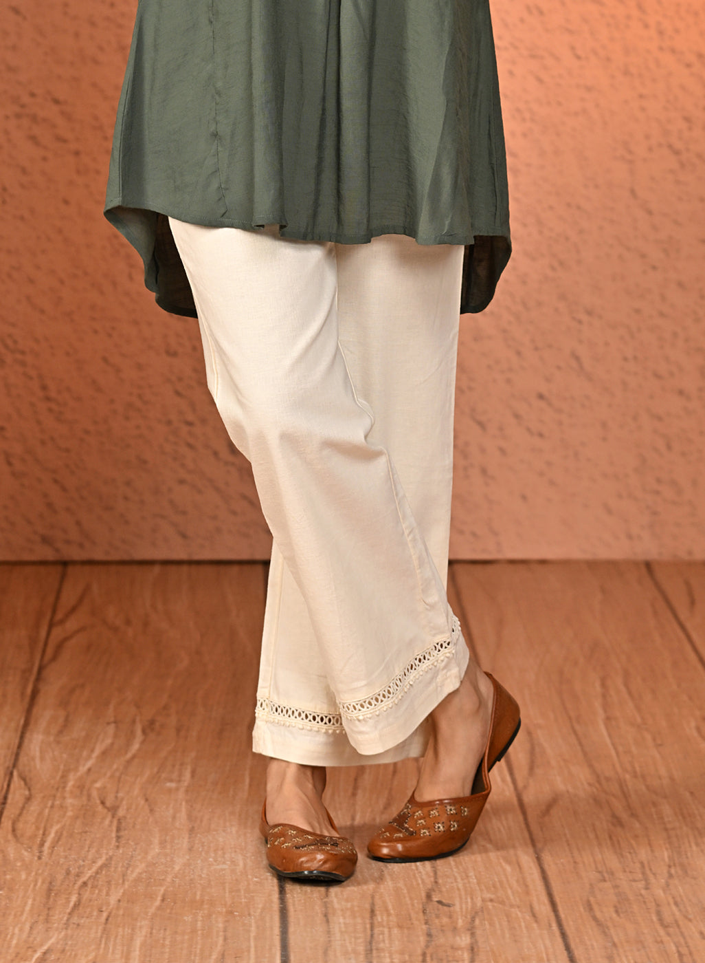 Haya Salmon White Cotton Linen Classic Fit Pants for Women