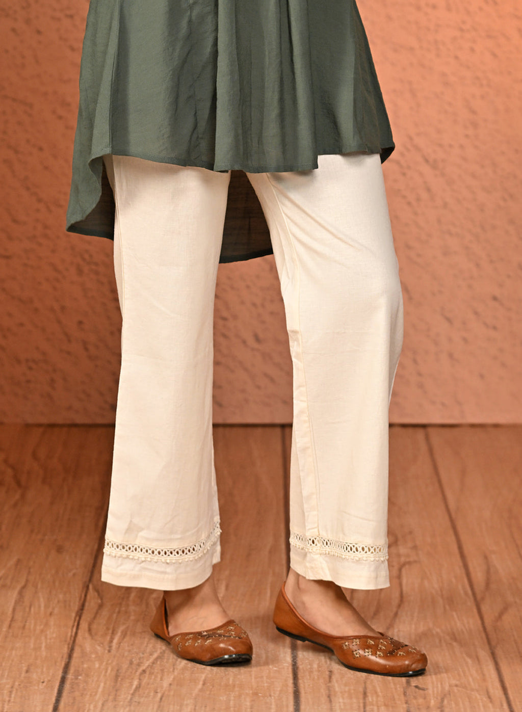 Haya Salmon White Cotton Linen Classic Fit Pants for Women