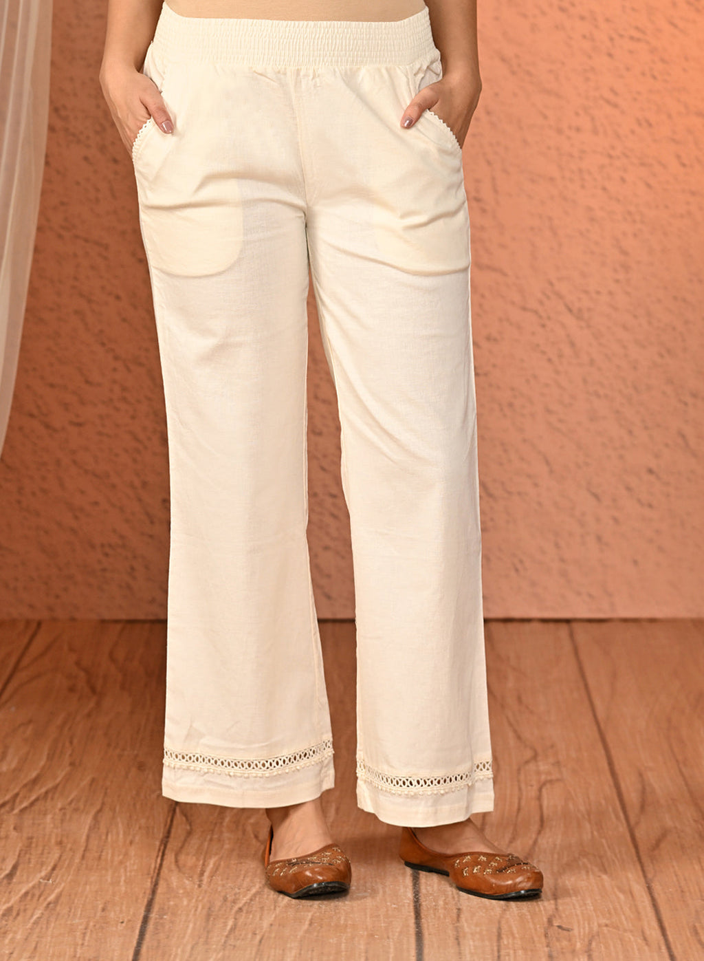 Haya Salmon White Cotton Linen Classic Fit Pants for Women