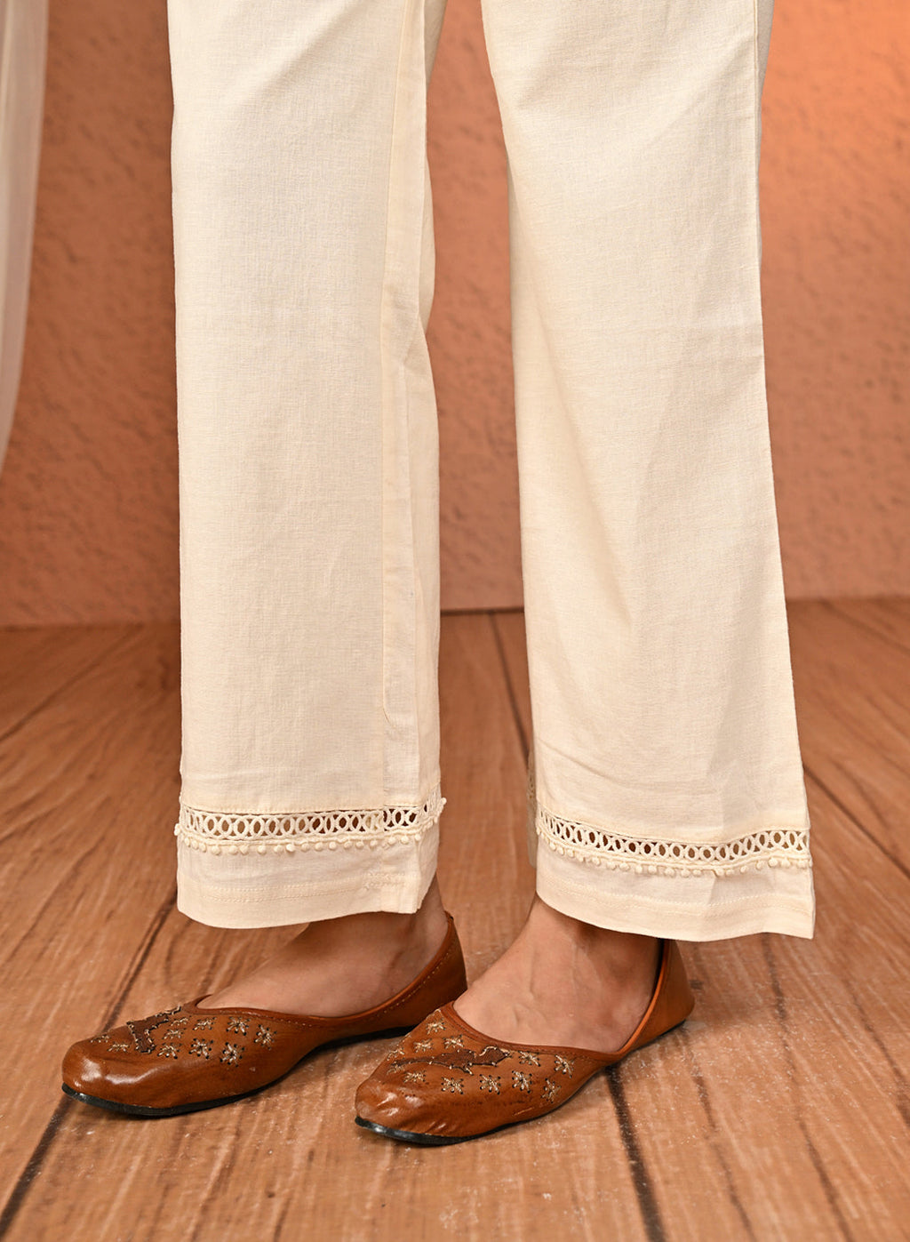 Haya Salmon Ivory Cotton Linen Classic Fit Pants for Women