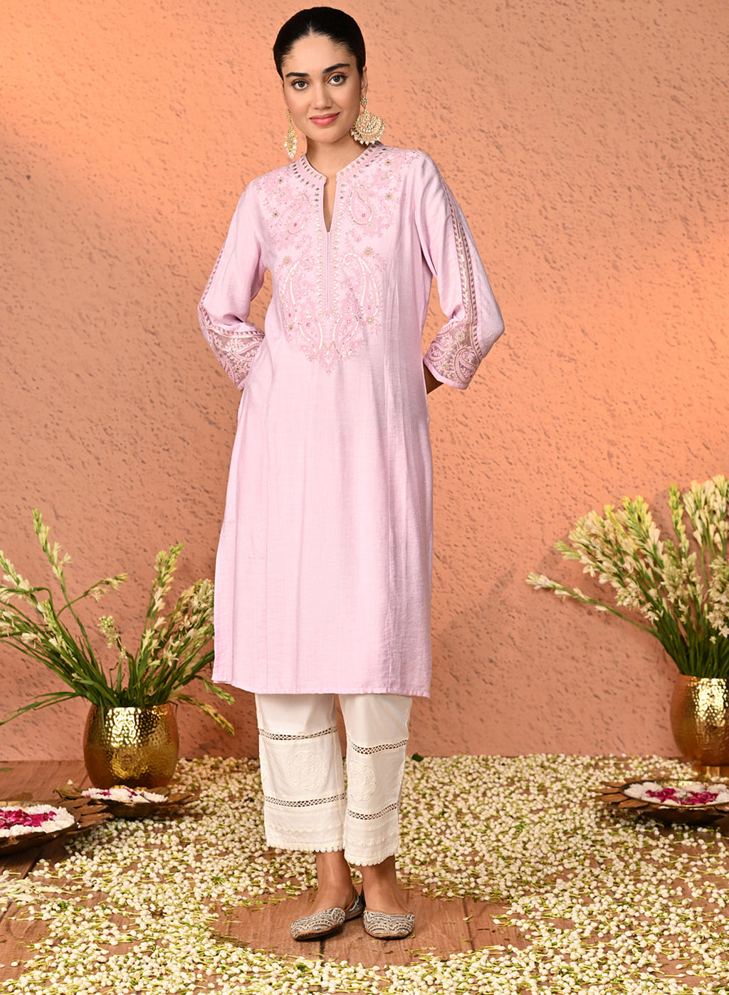 Navya White Embroidered Relaxed Fit Palazzo Pants for Women