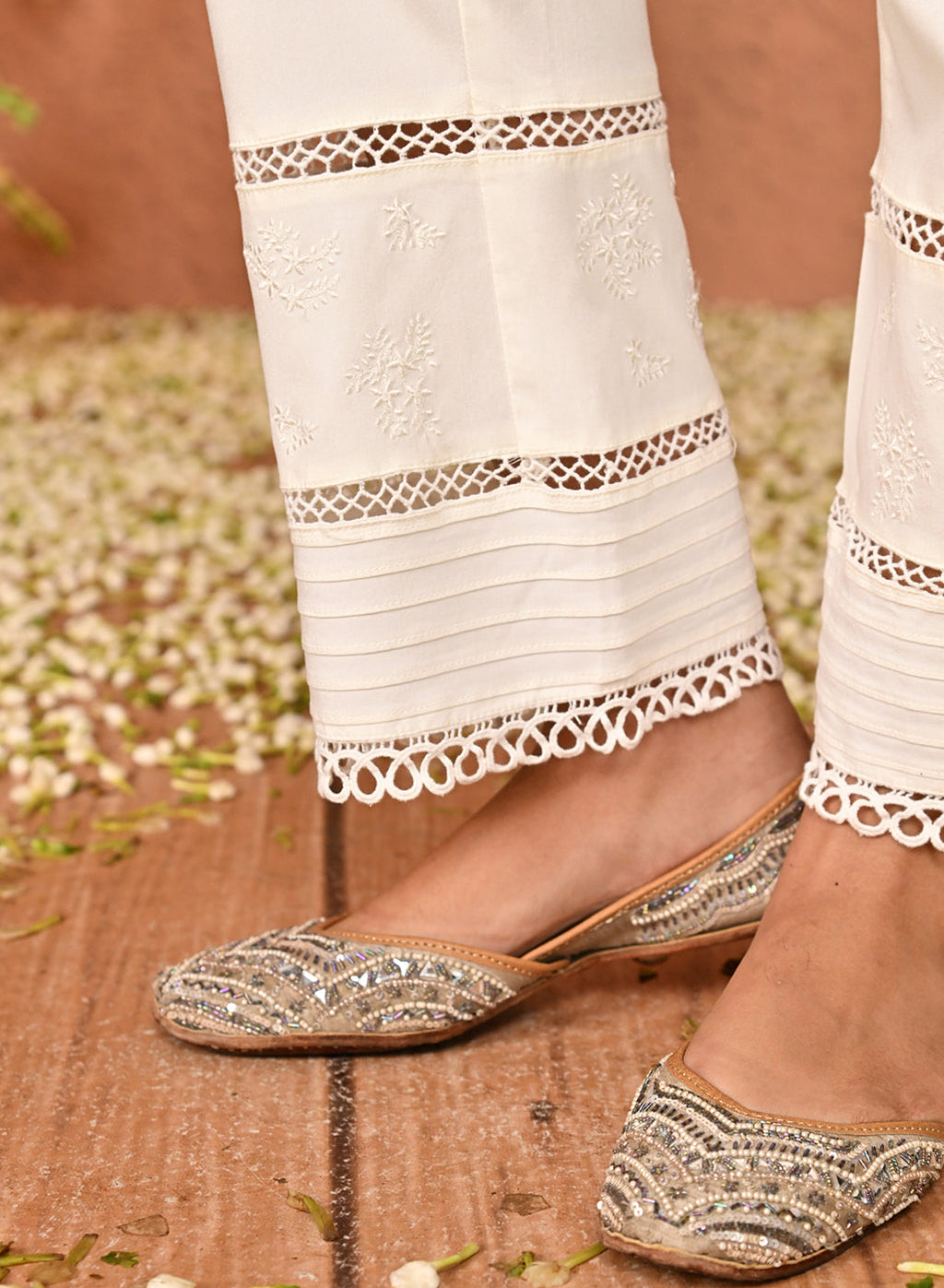 Ira White Embroidered Relaxed Fit Palazzo Pants for Women
