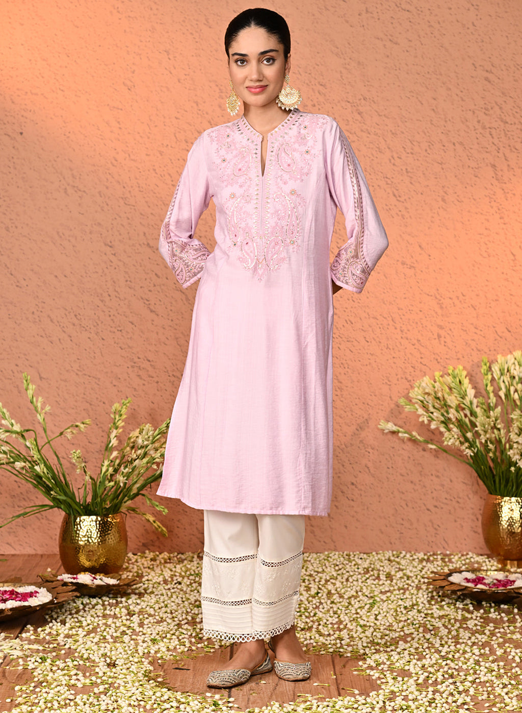 Ira White Embroidered Relaxed Fit Palazzo Pants for Women