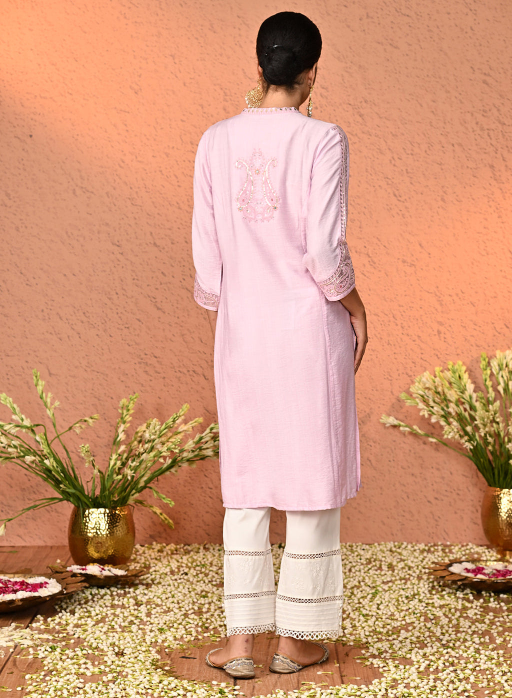 Ira White Embroidered Relaxed Fit Palazzo Pants for Women