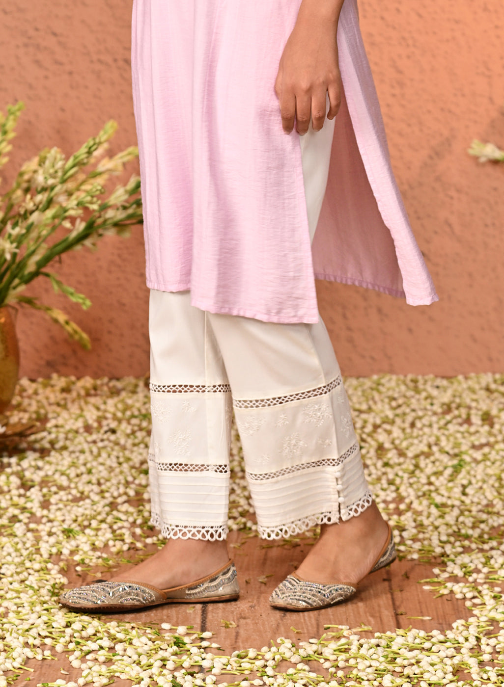 Ira White Embroidered Relaxed Fit Palazzo Pants for Women
