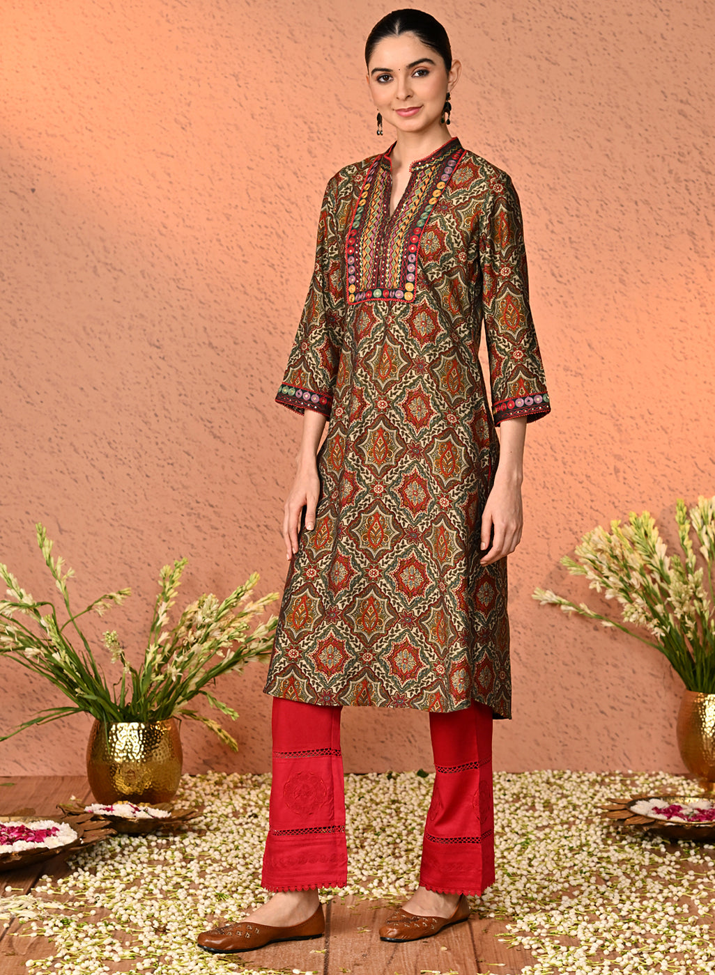 Navya Blood Red Embroidered Relaxed Fit Palazzo Pants for Women