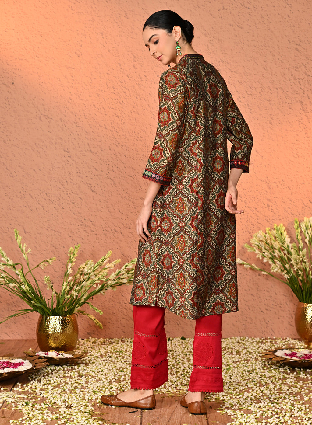 Navya Blood Red Embroidered Relaxed Fit Palazzo Pants for Women