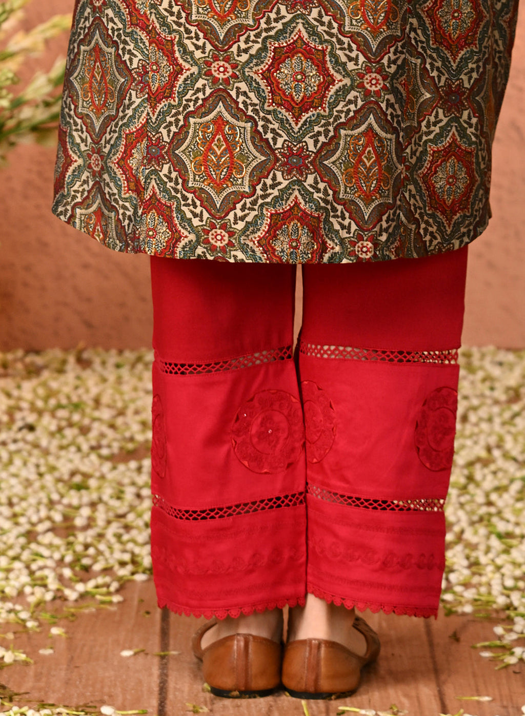 Navya Blood Red Embroidered Relaxed Fit Palazzo Pants for Women