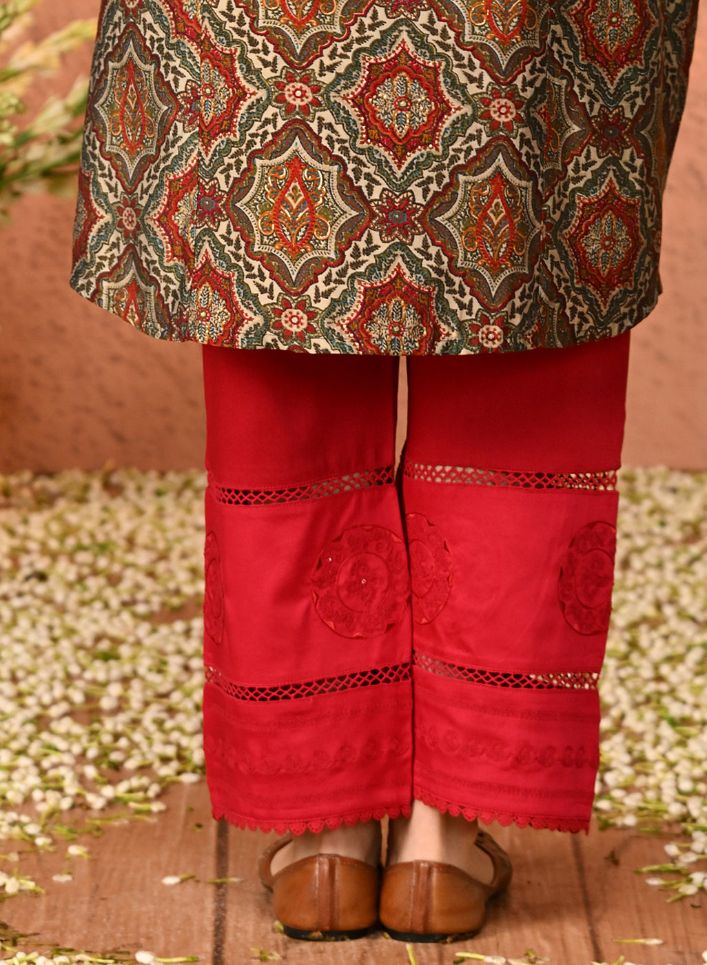 Navya Blood Red Embroidered Relaxed Fit Palazzo Pants for Women