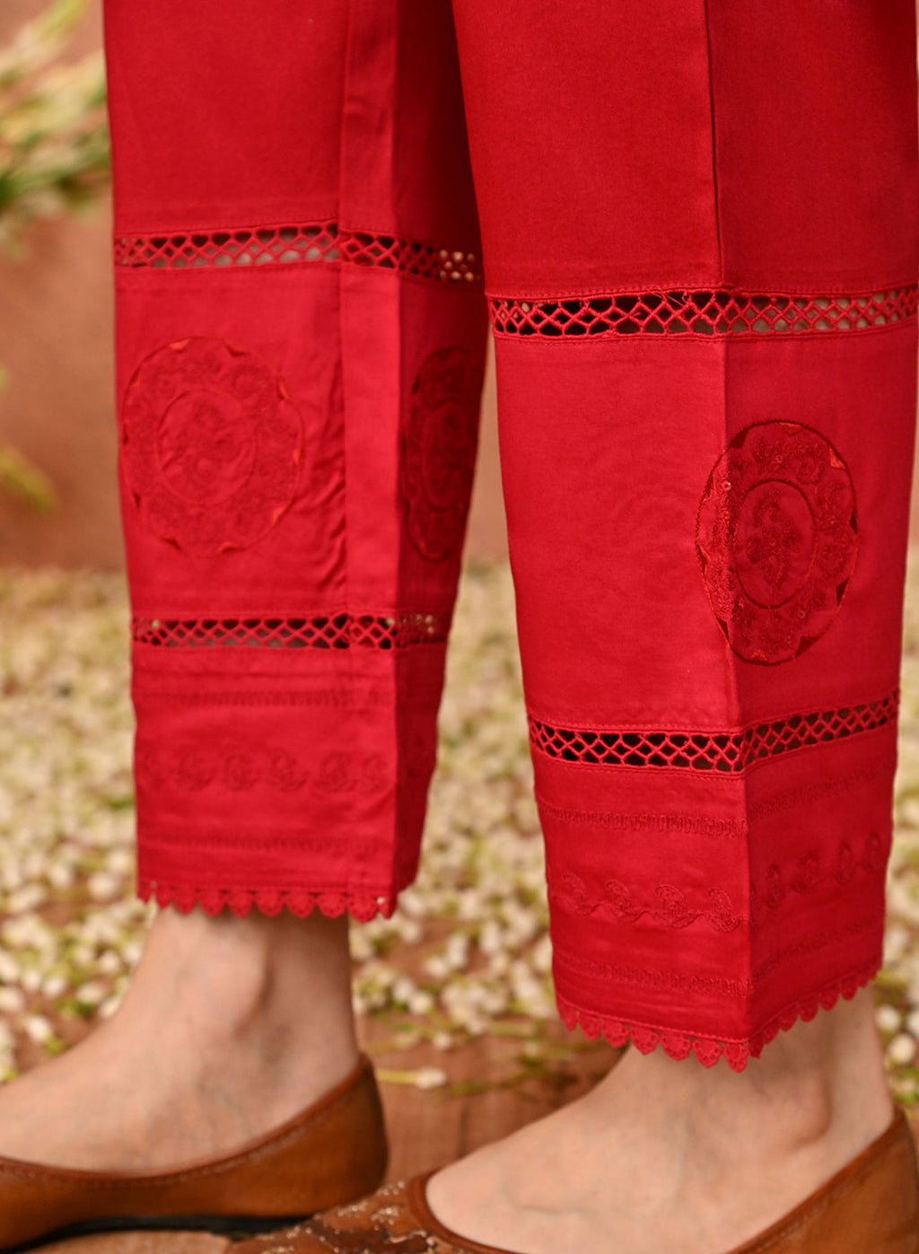 Navya Blood Red Embroidered Relaxed Fit Palazzo Pants for Women