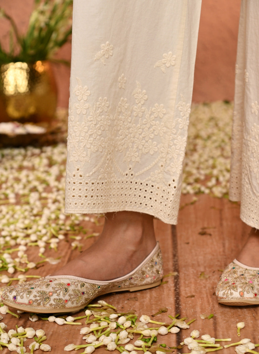 Maya Ivory Embroidered Relaxed Fit Cotton Palazzos for Women