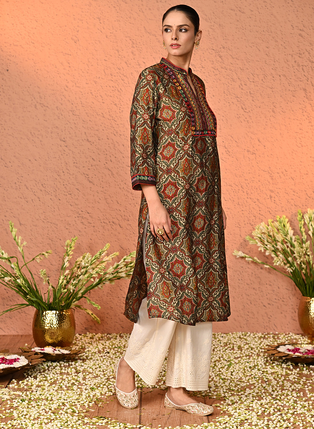 Maya Ivory Embroidered Relaxed Fit Cotton Palazzos for Women