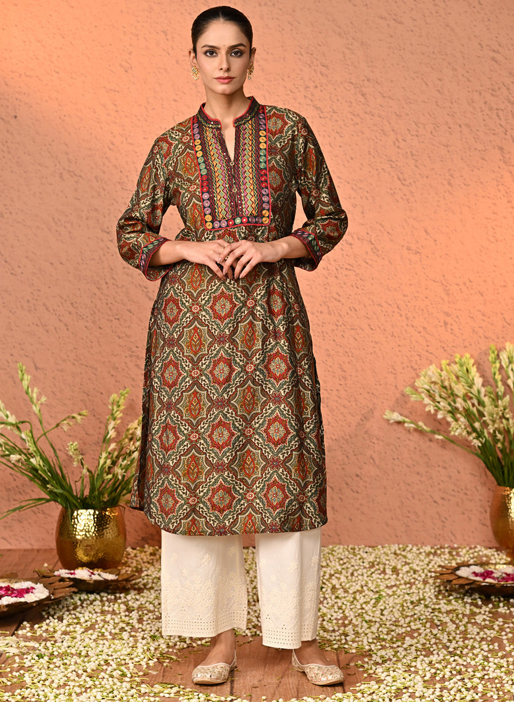 Maya Ivory Embroidered Relaxed Fit Cotton Palazzos for Women