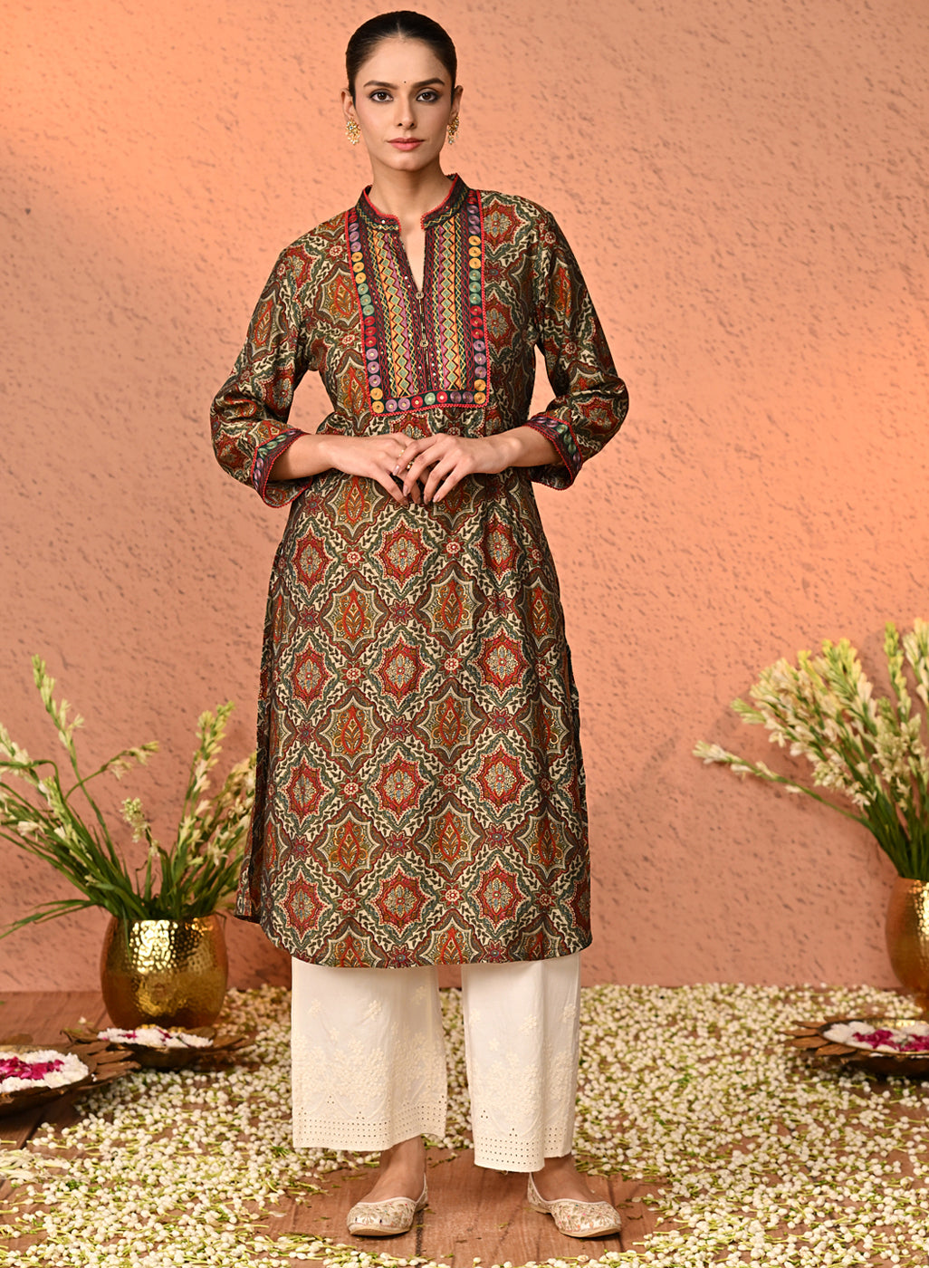Maya Ivory Embroidered Relaxed Fit Cotton Palazzos for Women