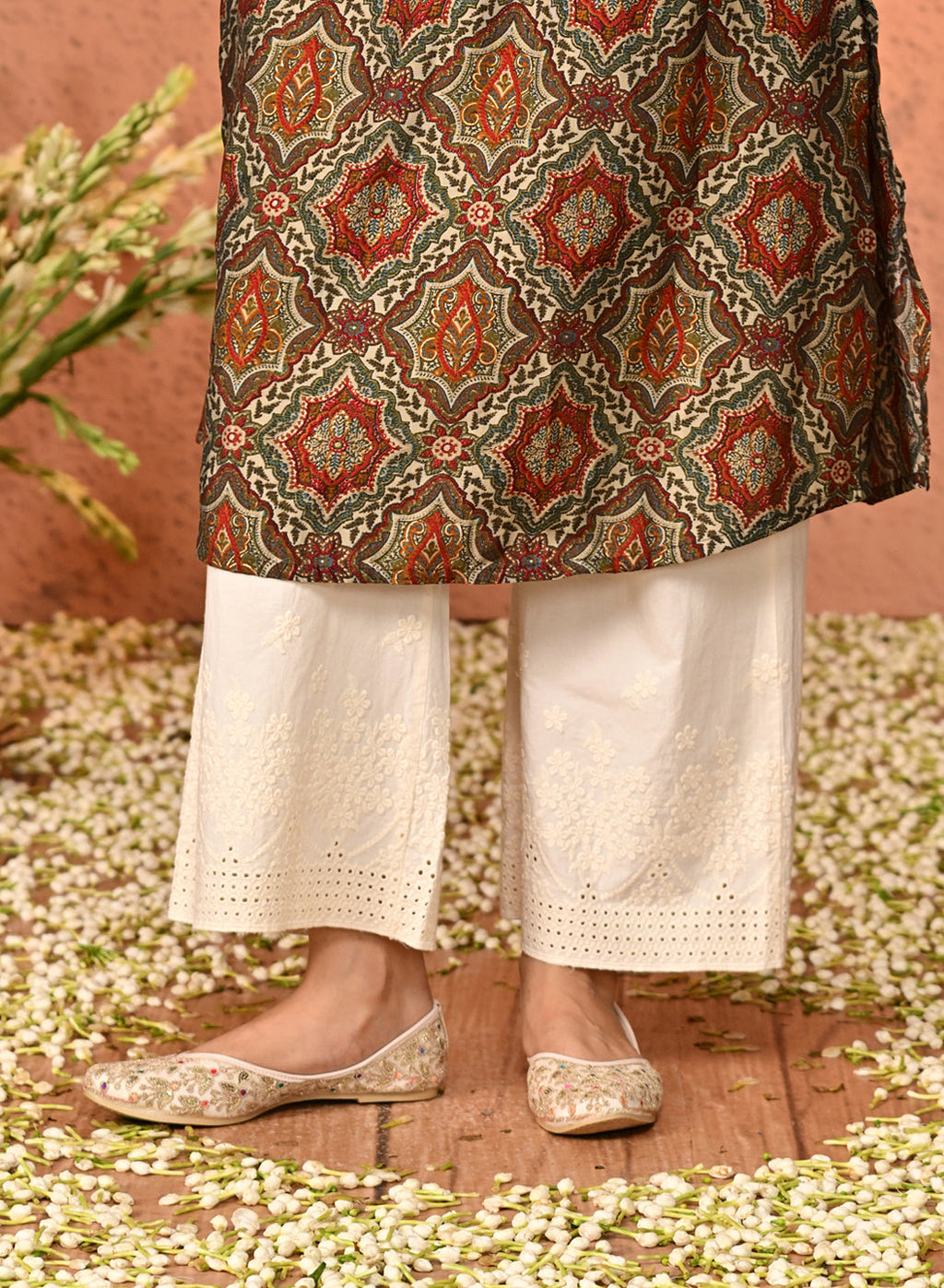 Maya Ivory Embroidered Relaxed Fit Cotton Palazzos for Women