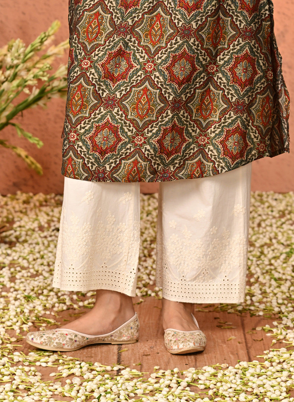 Maya Ivory Embroidered Relaxed Fit Cotton Palazzos for Women
