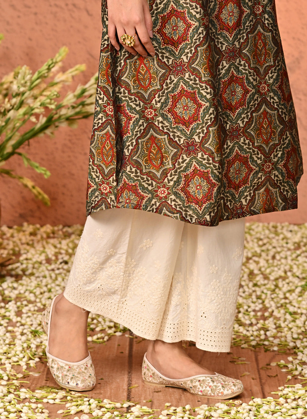 Maya Ivory Embroidered Relaxed Fit Cotton Palazzos for Women