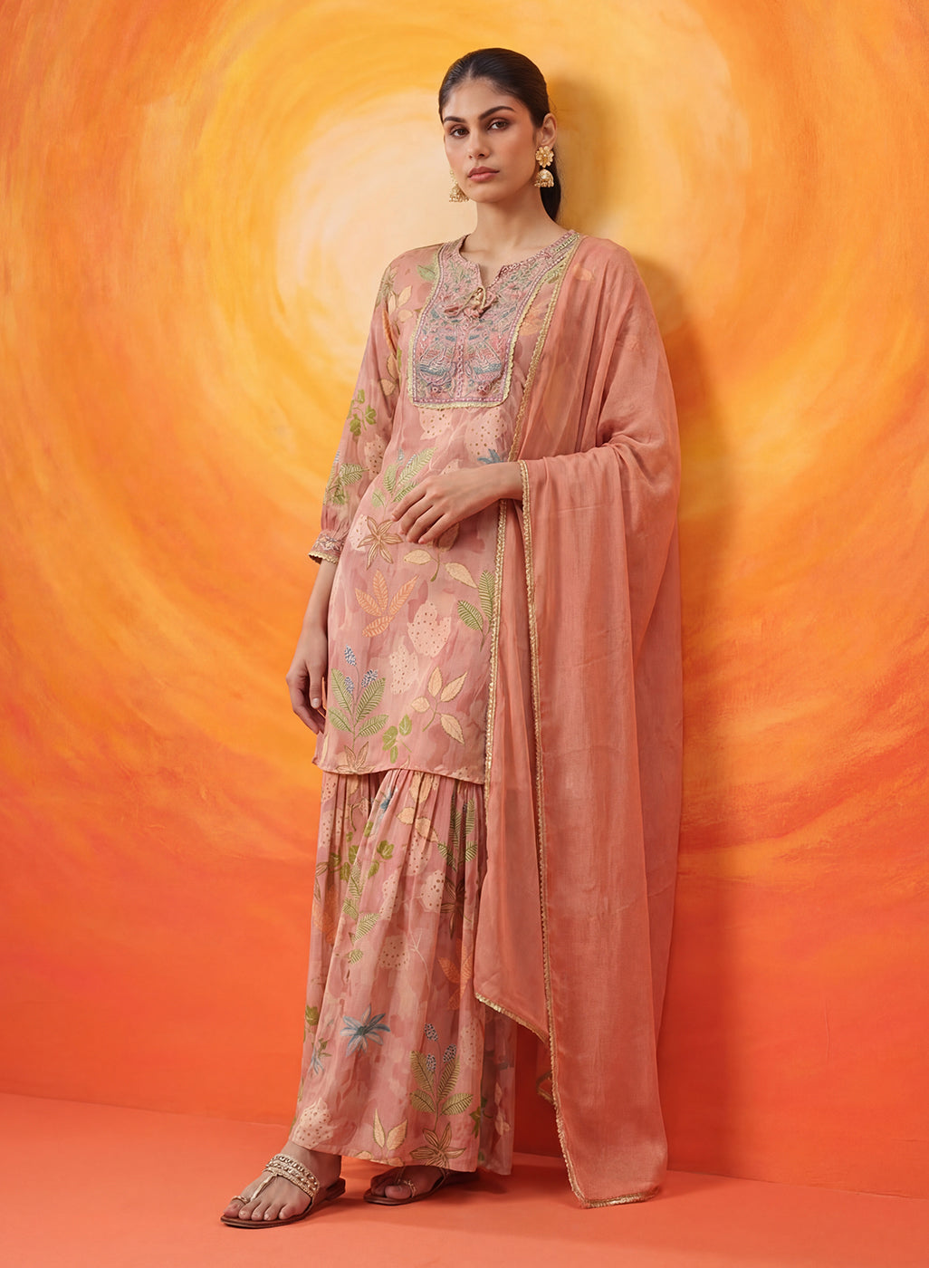 Manjari Peach Printed Garara Suit Set with Dupatta