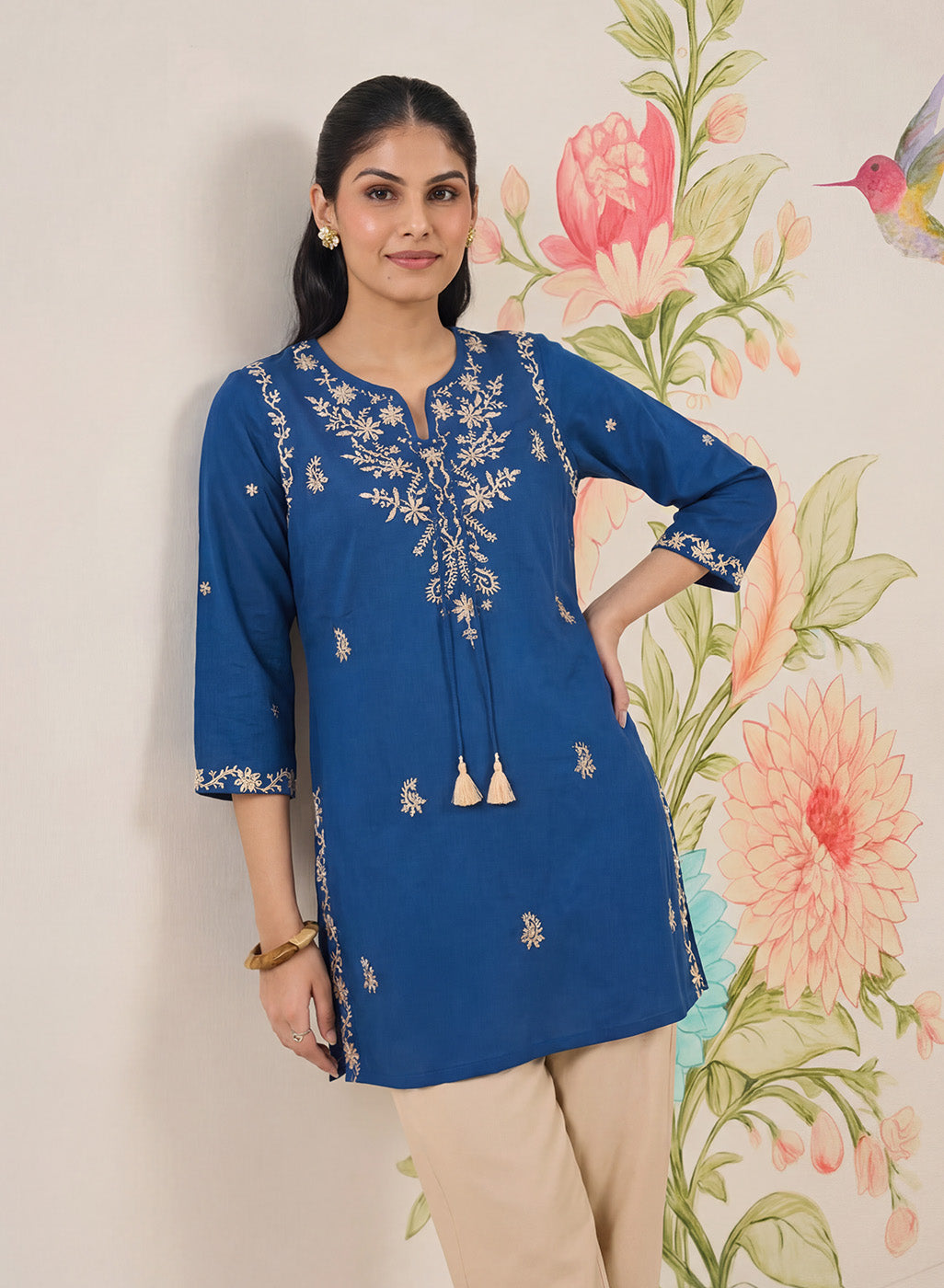 Afiya Blue Cotton Blend Embroidered Kurti