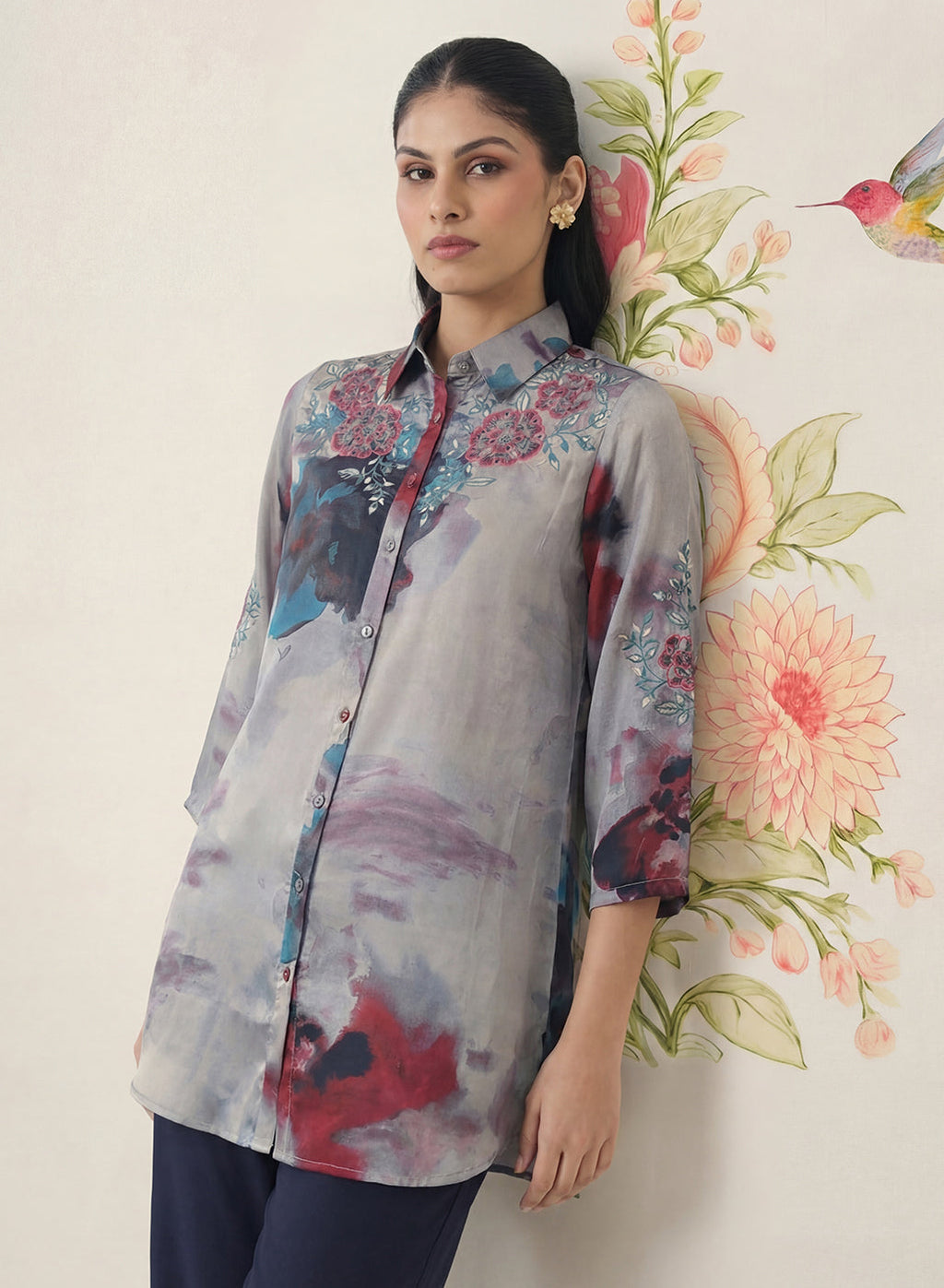 Liz Grey Printed Satin Shirt