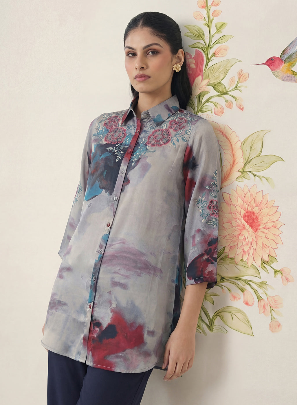 Liz Grey Printed Satin Shirt
