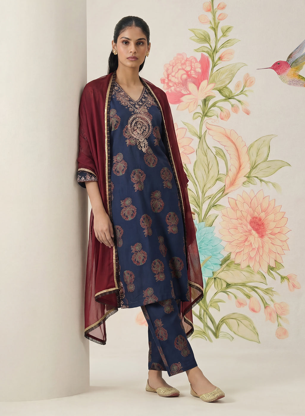 Mehr Navy Printed Cotton Blend Suit Set with Dupatta