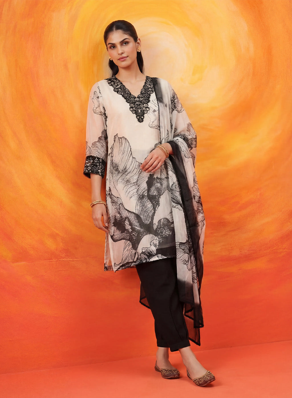 Elaf Black Printed Organza Suit Set with Dupatta