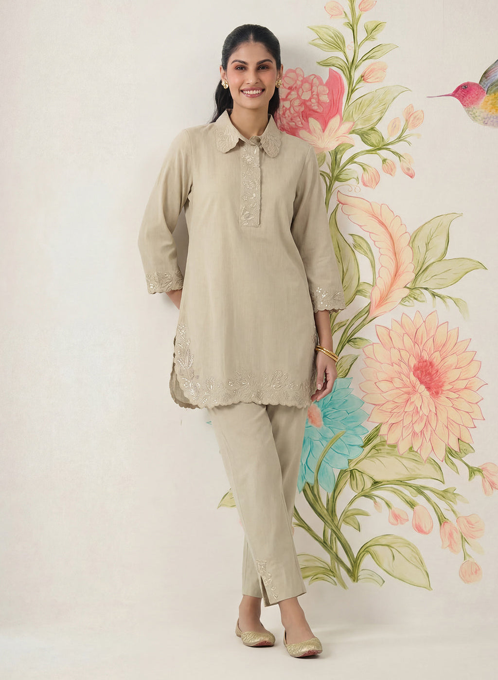 Nayra Beige Embroidered Linen Co-ord Set