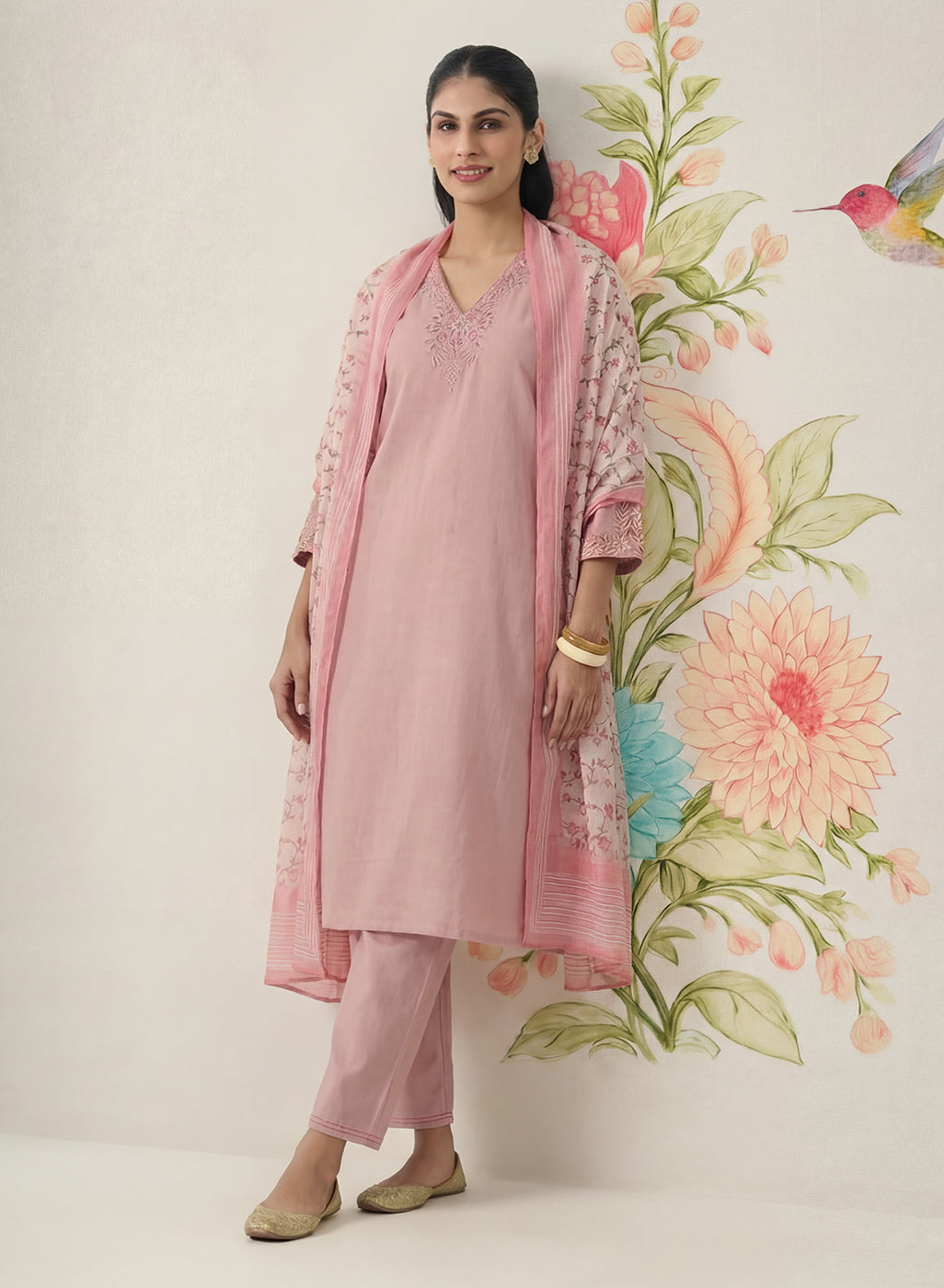 Afsana Pink Cotton Bend Embroidered A-line Suit Set with Dupatta