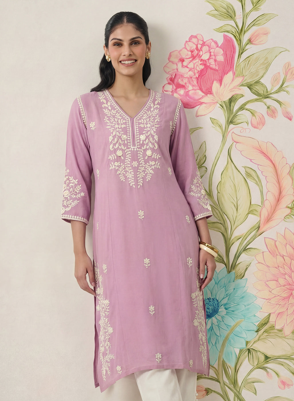 Yashvi Pink Cotton Blend Embroidered Kurta