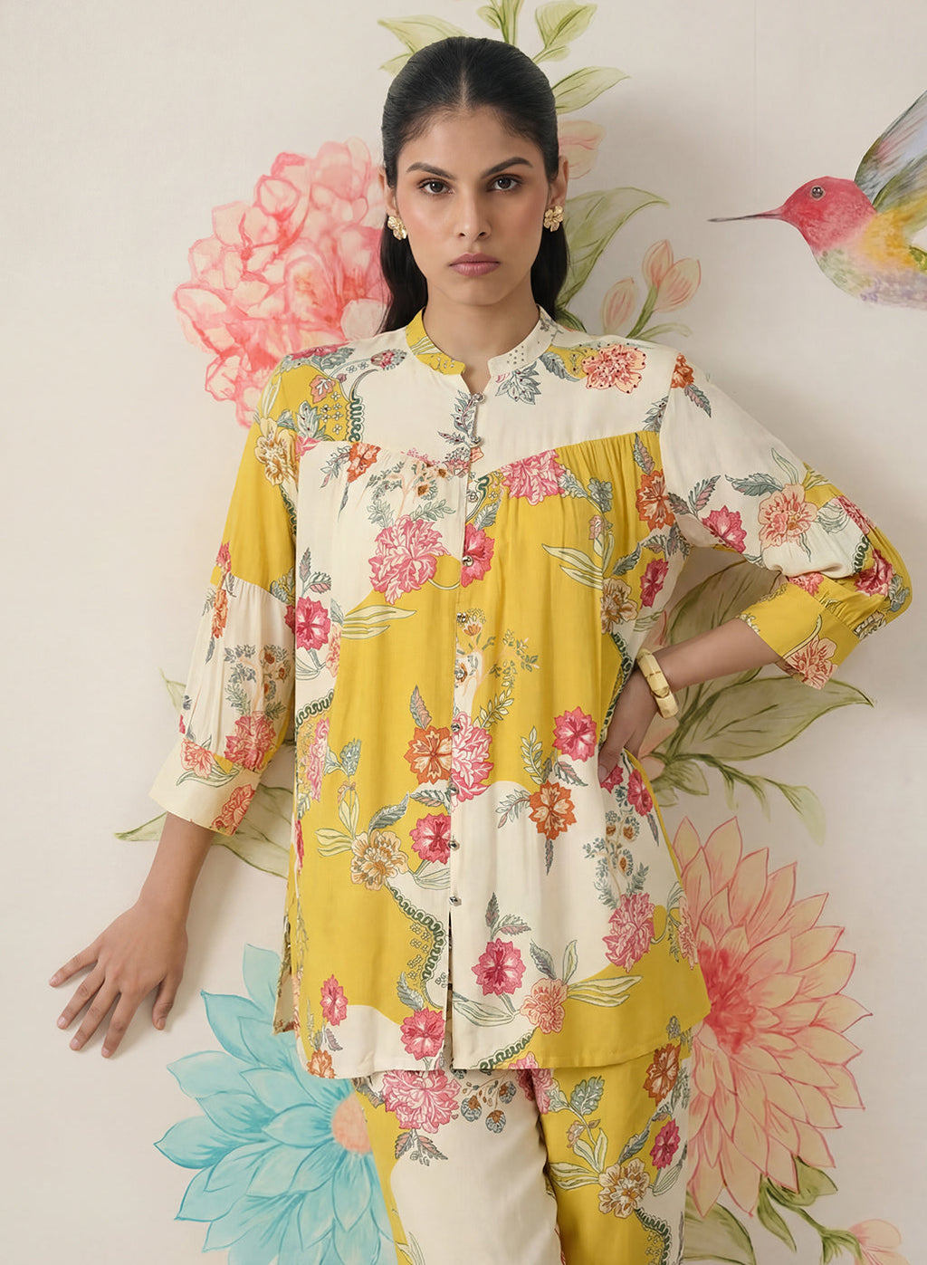 Yamika Yellow Cotton Blend Printed Co-ord Set