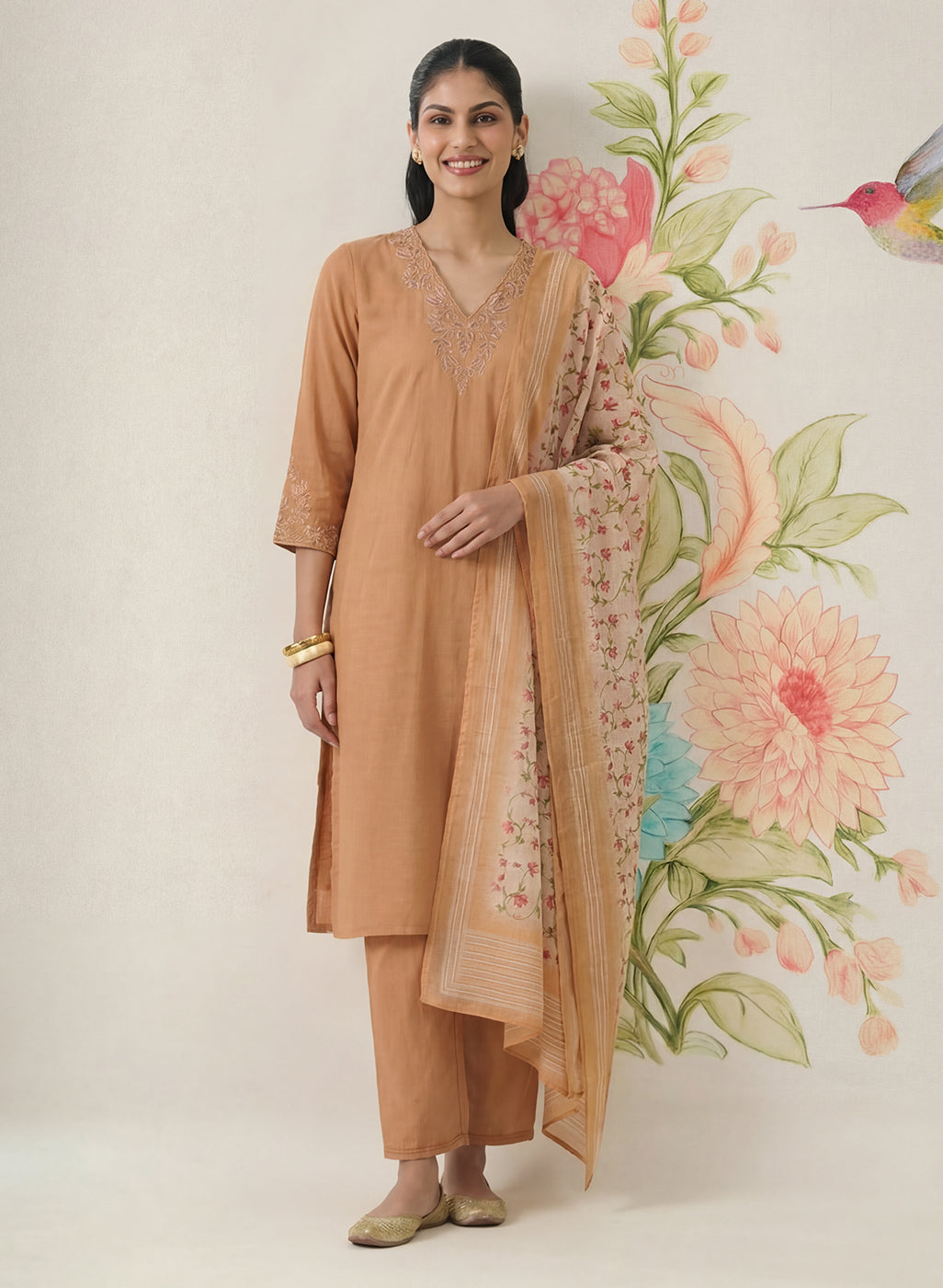 Afsana Mustard Cotton Bend Embroidered A-line Suit Set with Dupatta