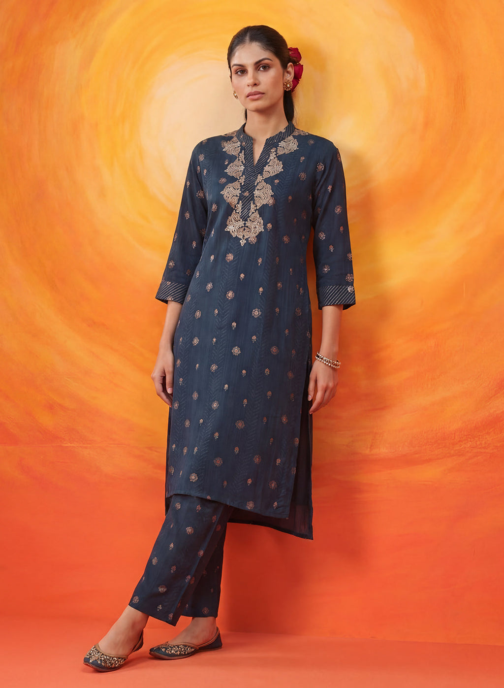 Chalka Navy Printed Cotton Blend Kurta Set