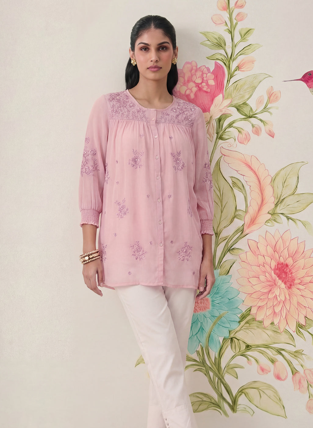 Savera Baby Pink Embroidered Chiffon A-line Top