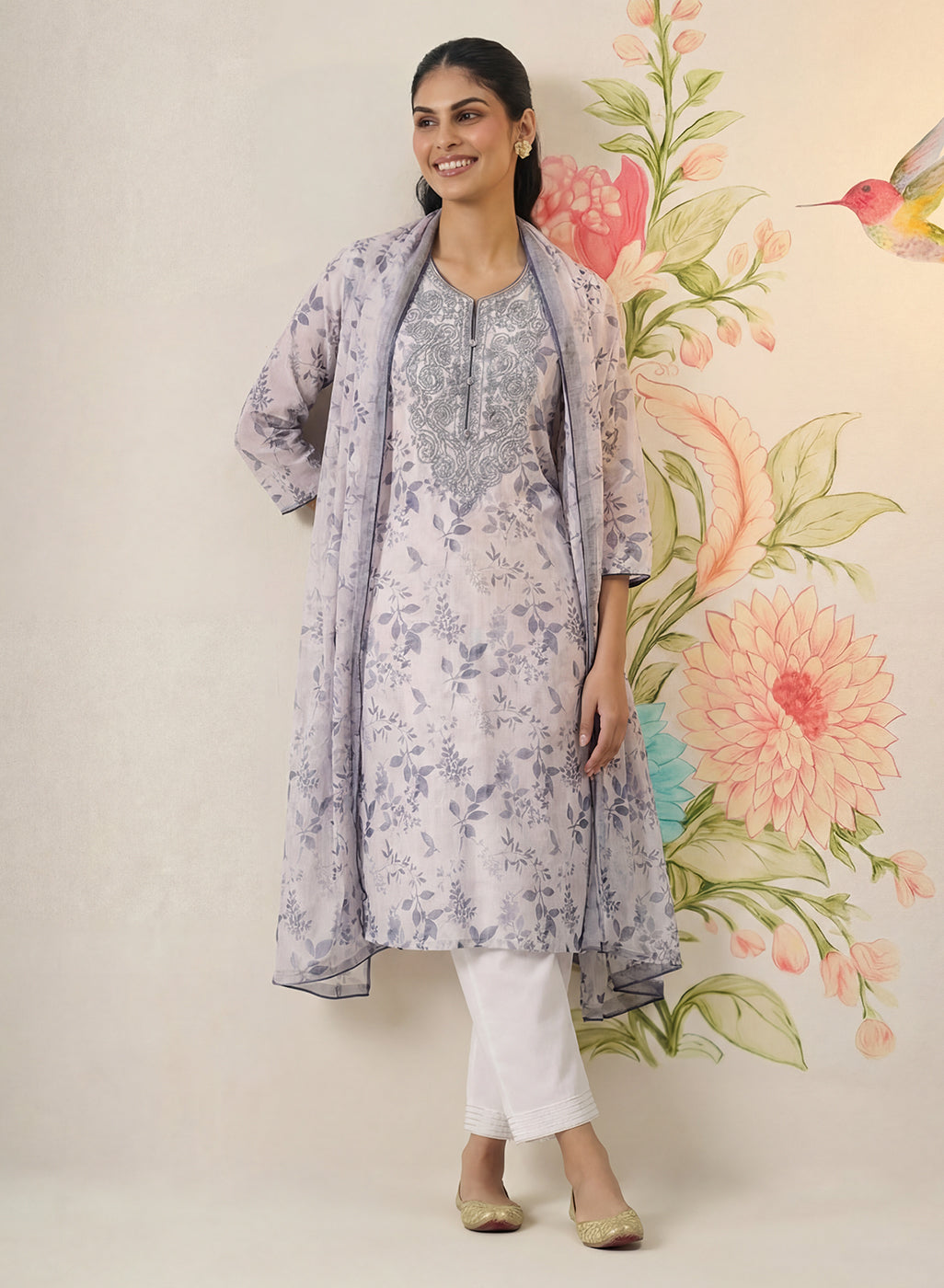 Kavya Grey Printed Chanderi Suit Set with Dupatta