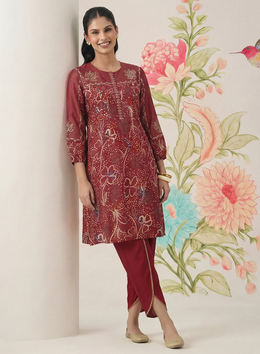 Jhumri Maroon Cotton Blend Printed Co-ord Set