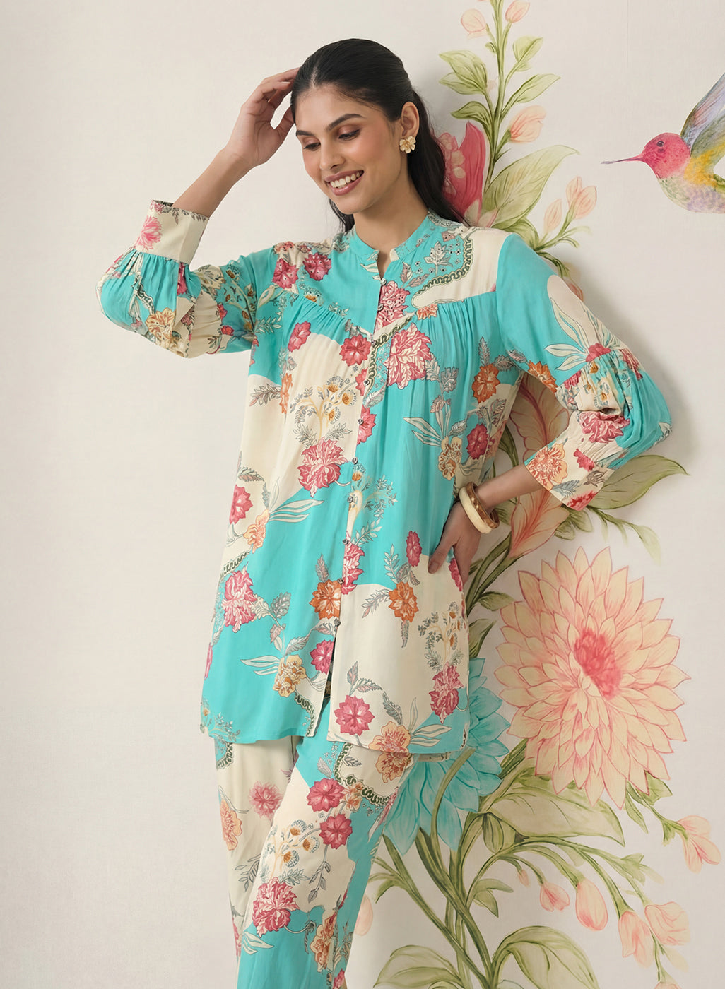 Yamika Blue Cotton Blend Printed Co-ord Set