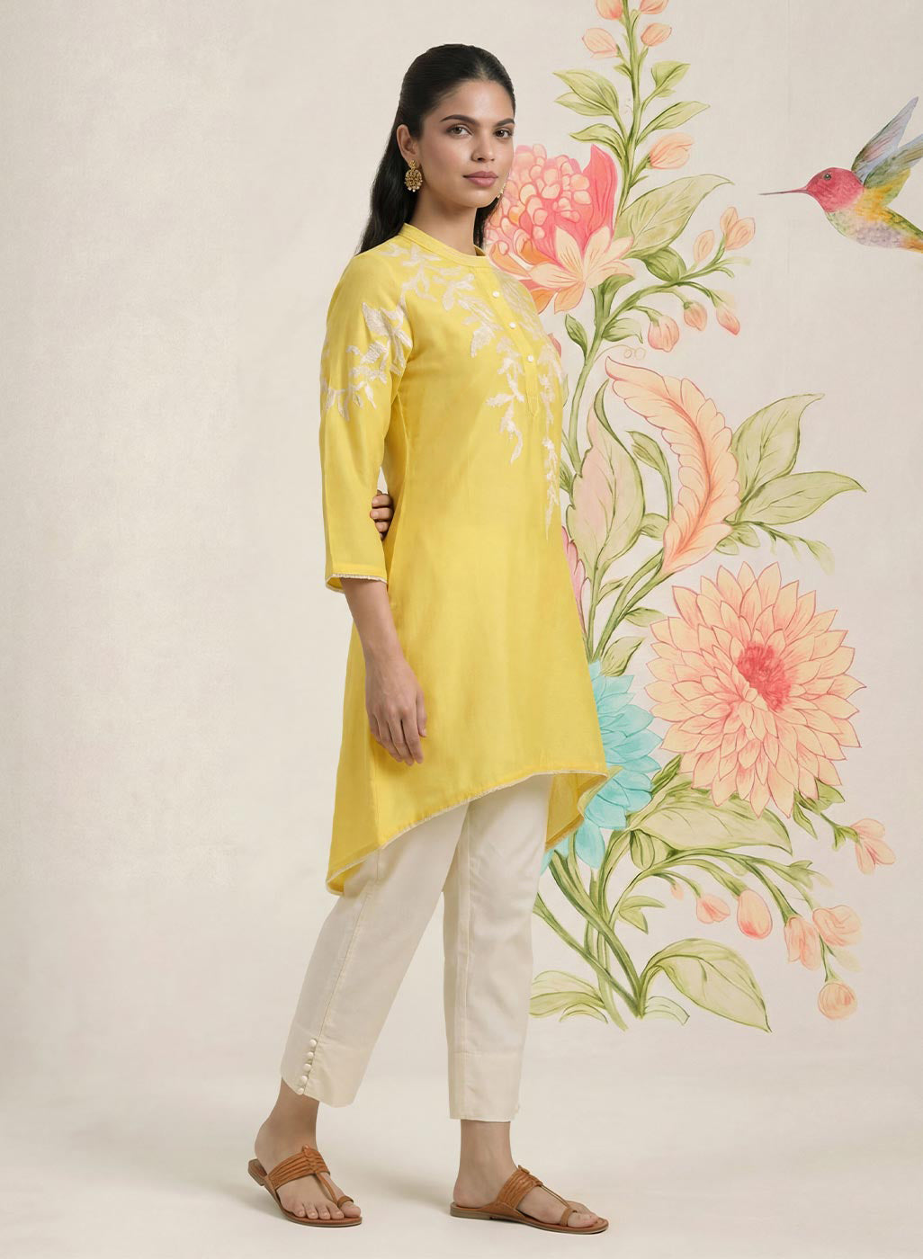 Intira Yellow Embroidered A-line Kurta
