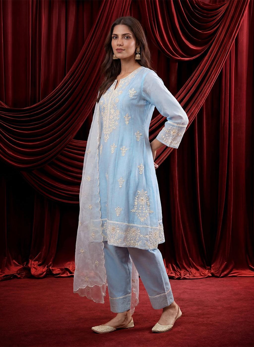 Spa Embroidered Chanderi A-Line Suit Set