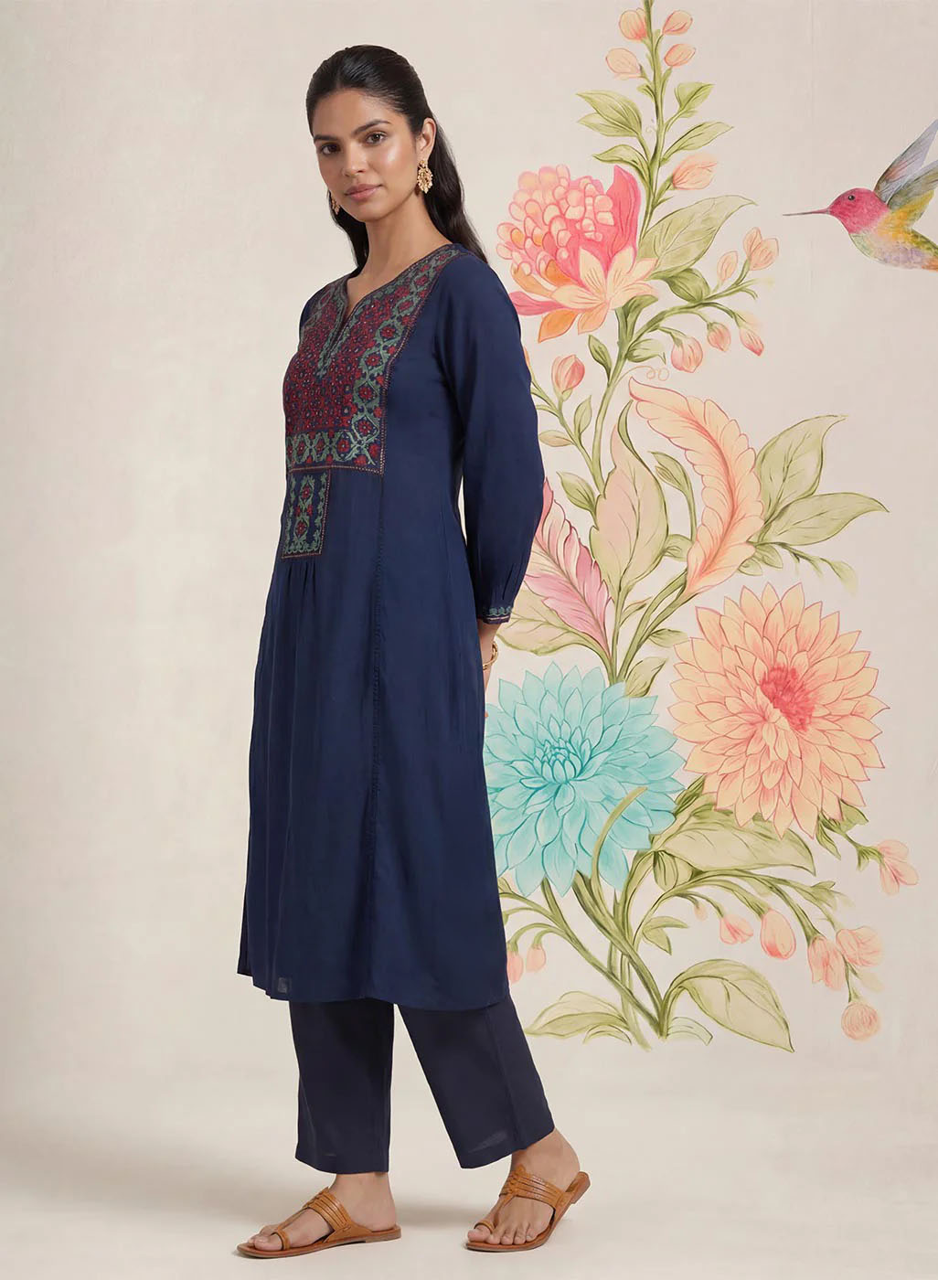 Jugni Navy Embroidered A-line Kurta