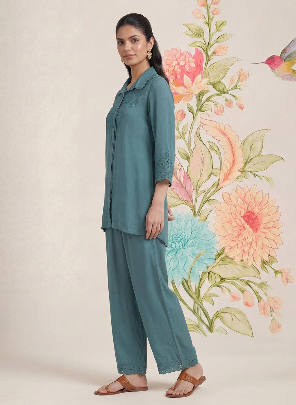 Zoa Teal Monochrome Embroidered Co-ord Set