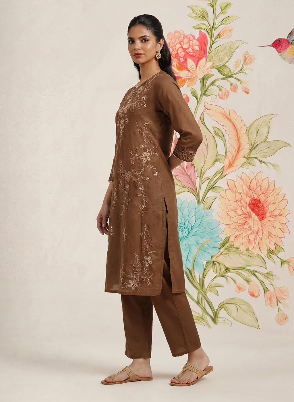 Jogan Brown Embroidered Chanderi Kurta Set