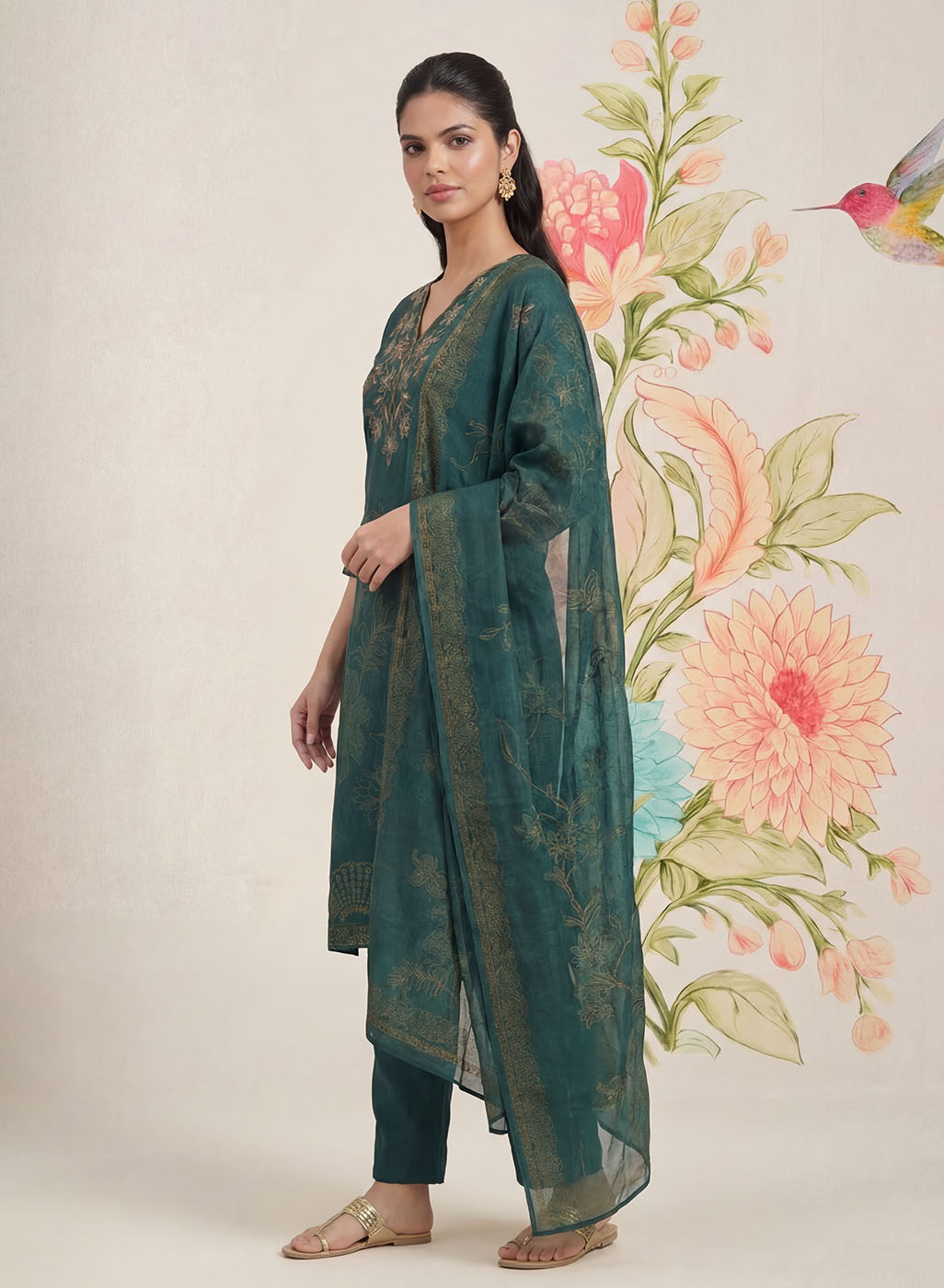 Kasni Teal Printed Suit Set with Dupatta
