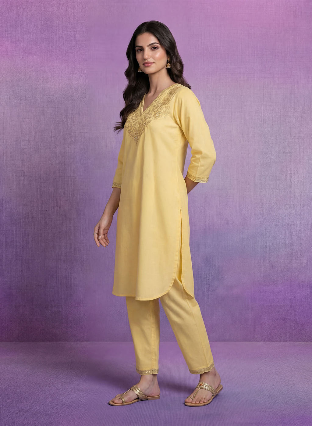 Light Yellow Embroidered Straight Kurta Set